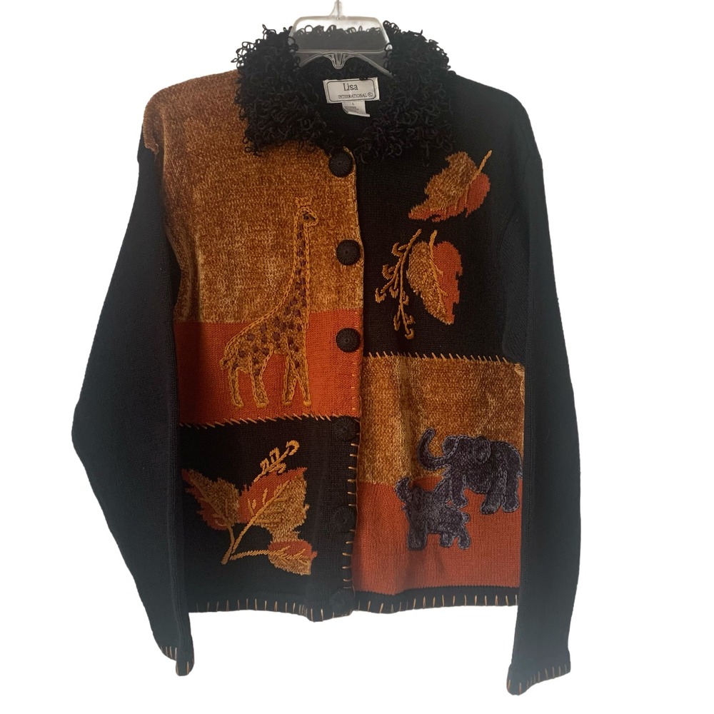 Lisa International Sweater‎ Size Large Safari Animals Patchwork